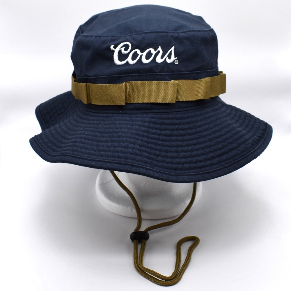 Coors Banquet Embroidered Boonie Bucket Hat Cap Navy Blue NWT Chin Strap OSFM